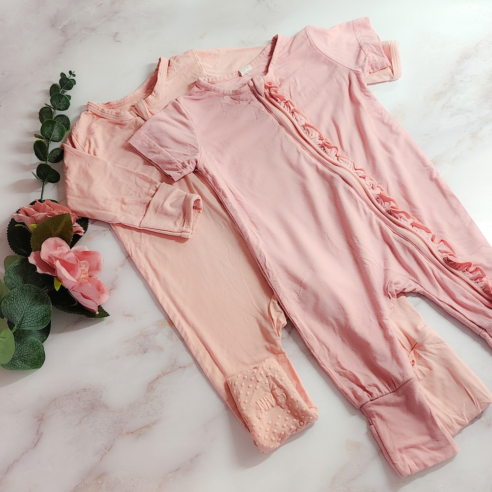 Bamboo Baby Girl Pajamas / Playsuits, Blush and Dusty Pink, Size 3-6 Months